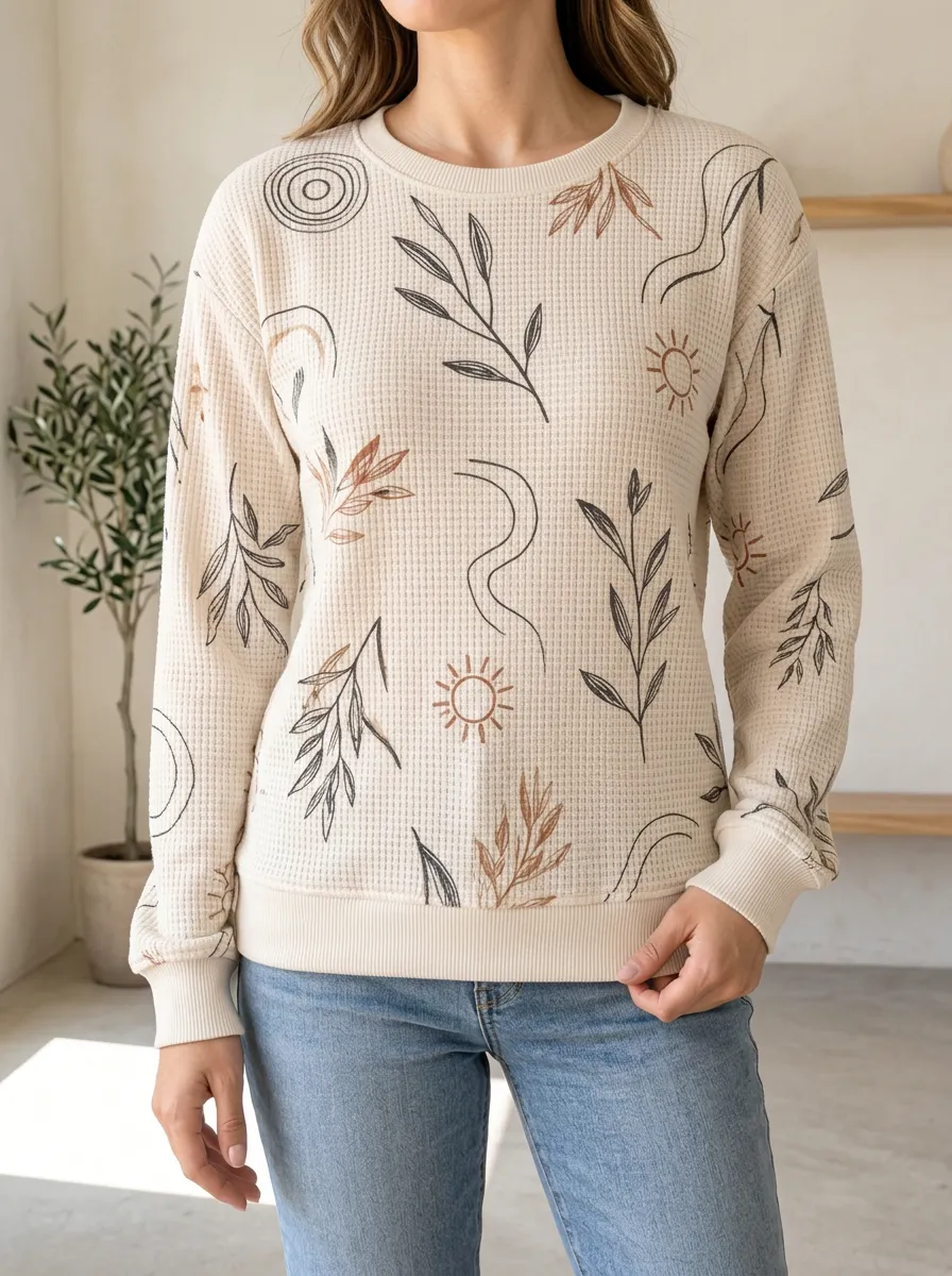 Women's Boho Sun Leaf Pattern Printed Waffle Knit Sweatshirt
