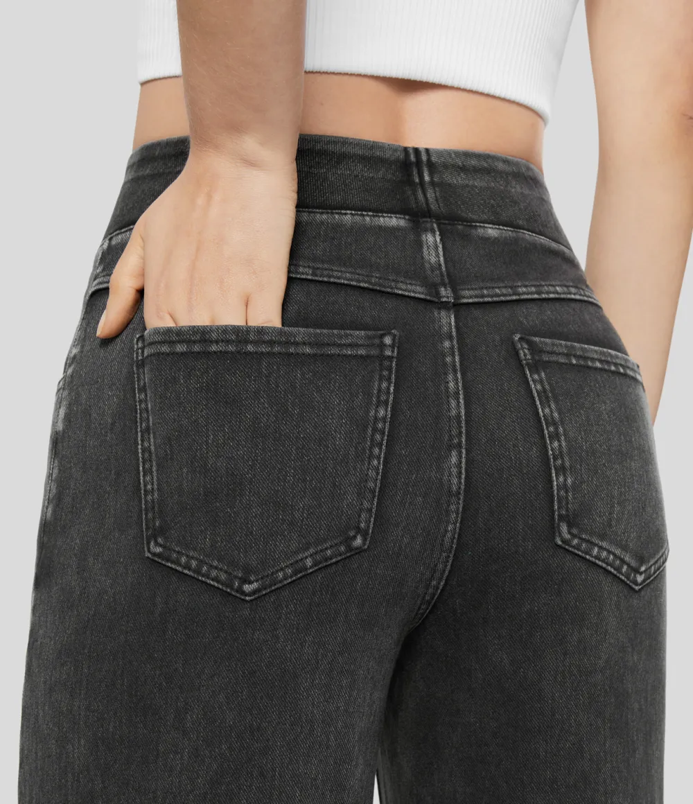 Magic High Waisted Multiple Pockets Wide Leg Stretchy Knit Casual Thermal Jeans