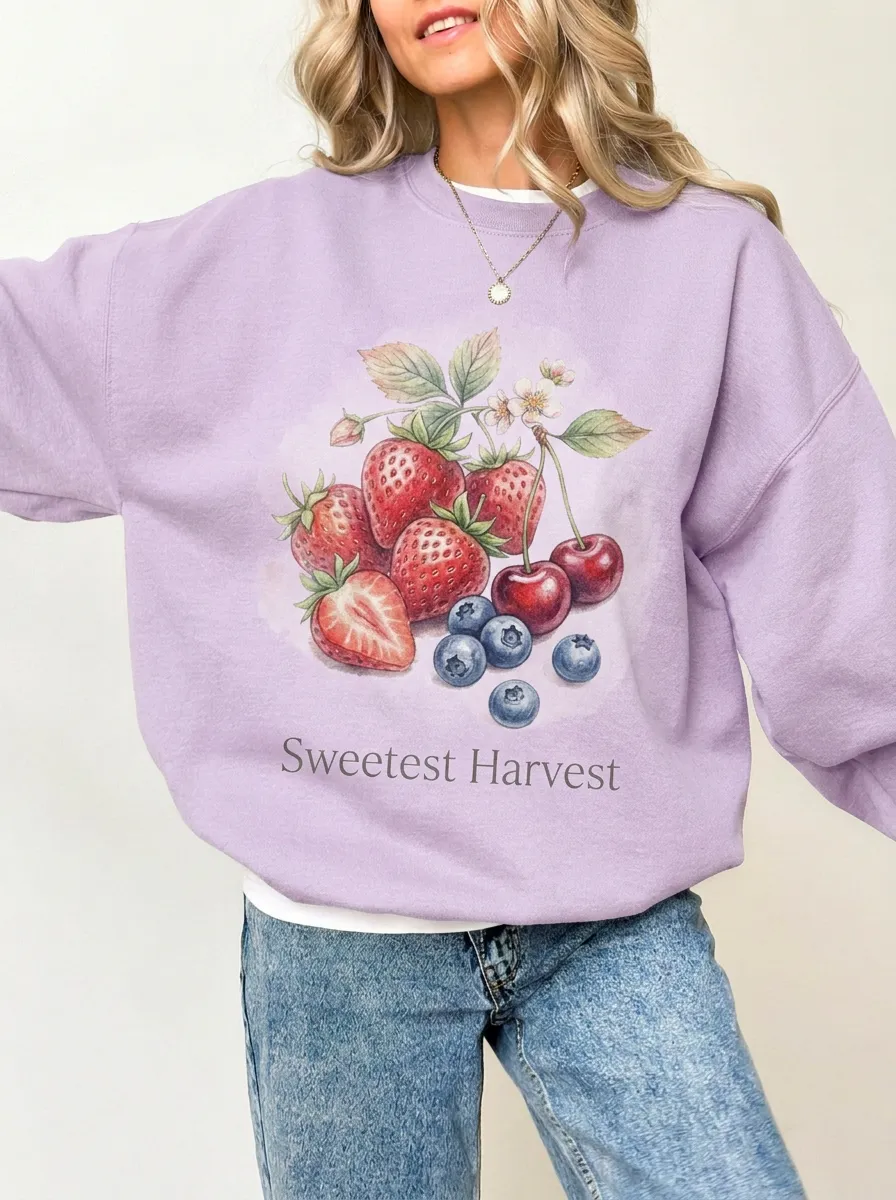Women's Sweetest Harvest Strawberry Cherry Blueberry Graphic Sweatshirt