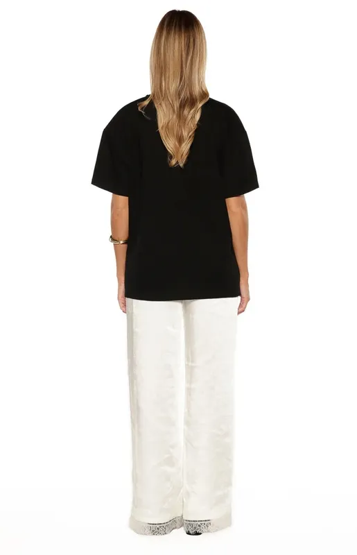 Ivory Satin Lace-Trim Straight-Leg Pants