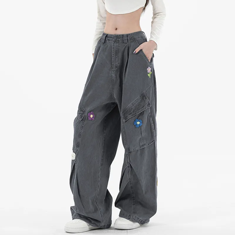Multi Pocket Embroidered Floral Cargo Pants