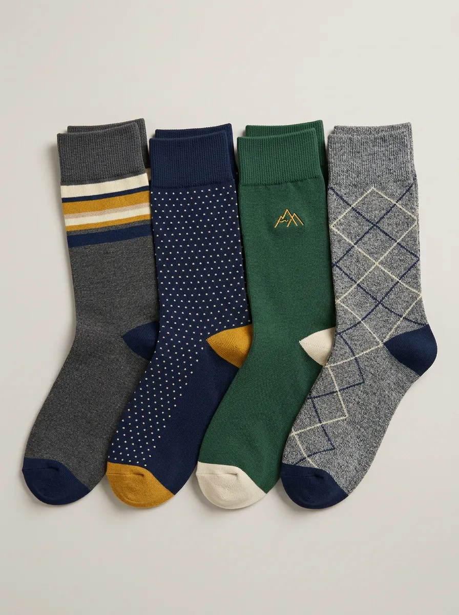 Men's Four-Pair Casual Outdoor Mountain Patterned Striped Polka Dot Argyle Printed Socks
