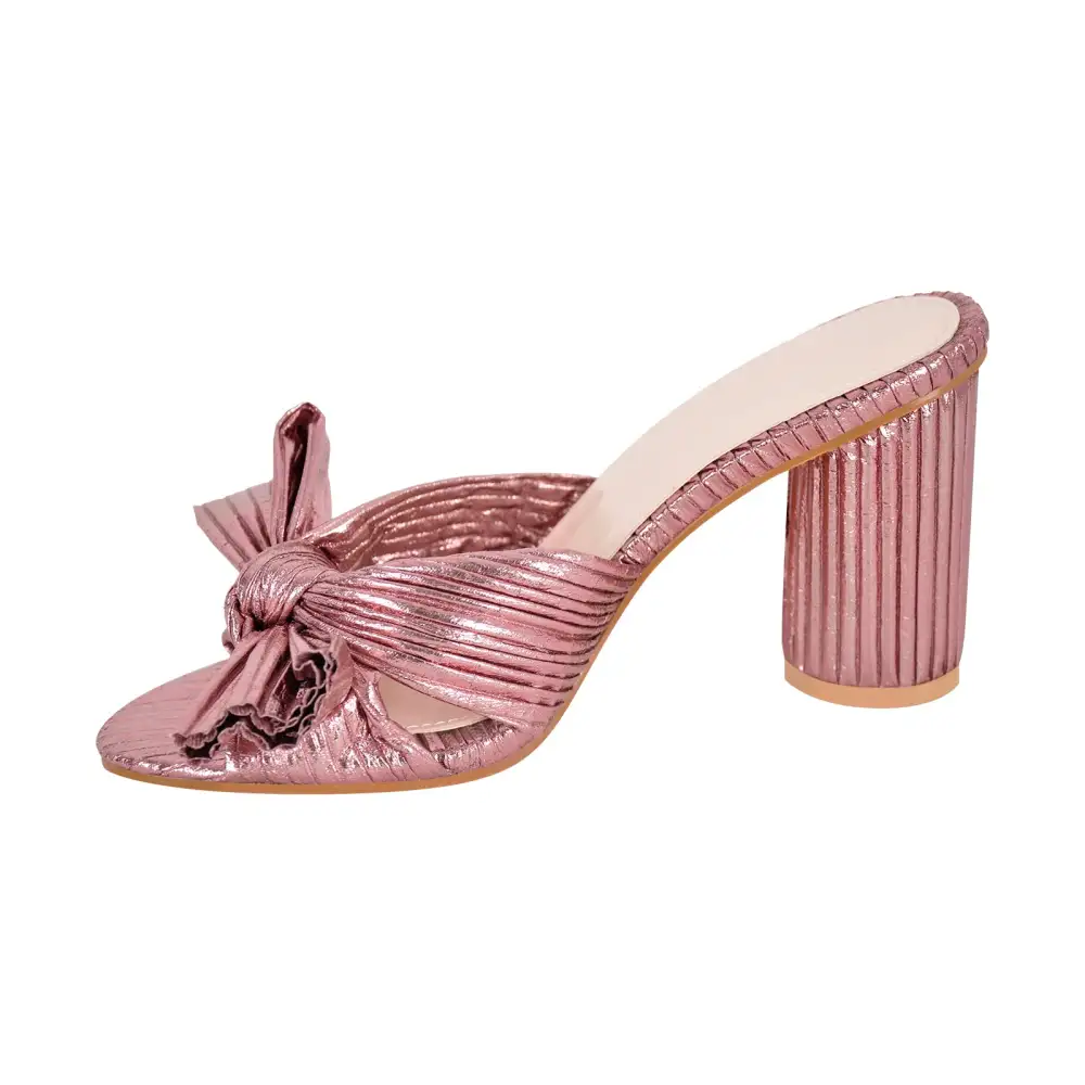Round Toe Chunky Heel Bow Mule Sandals