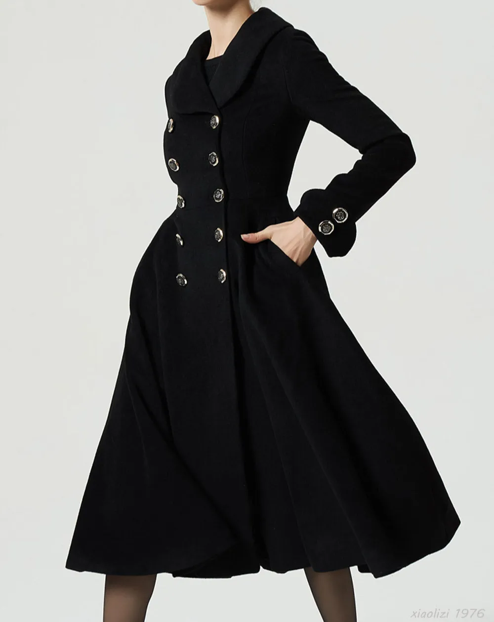 Modern Wool Blend Fit and Flare Double Breasted Lapel Collar Pleated Midi Coat