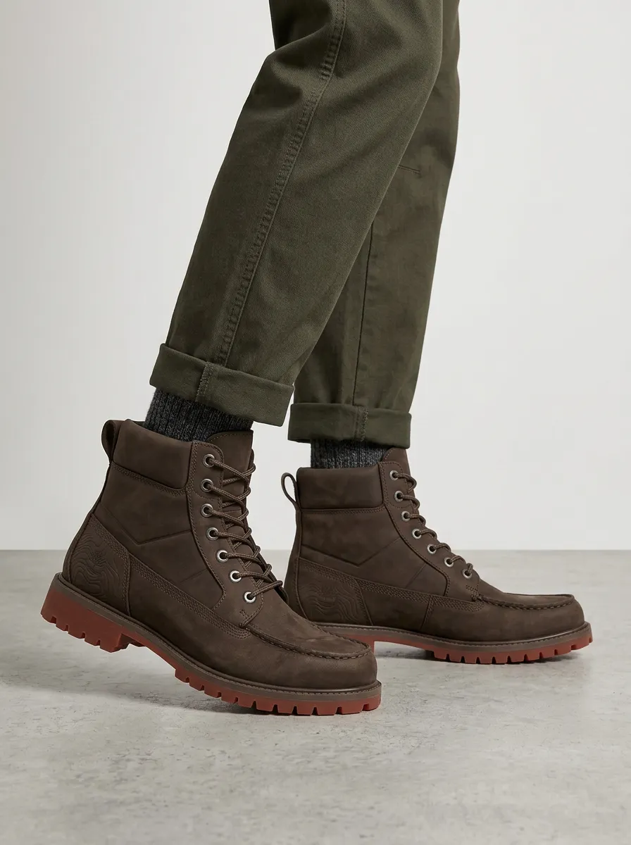 Unisex Leather Topographic Embossed Print Work Boots