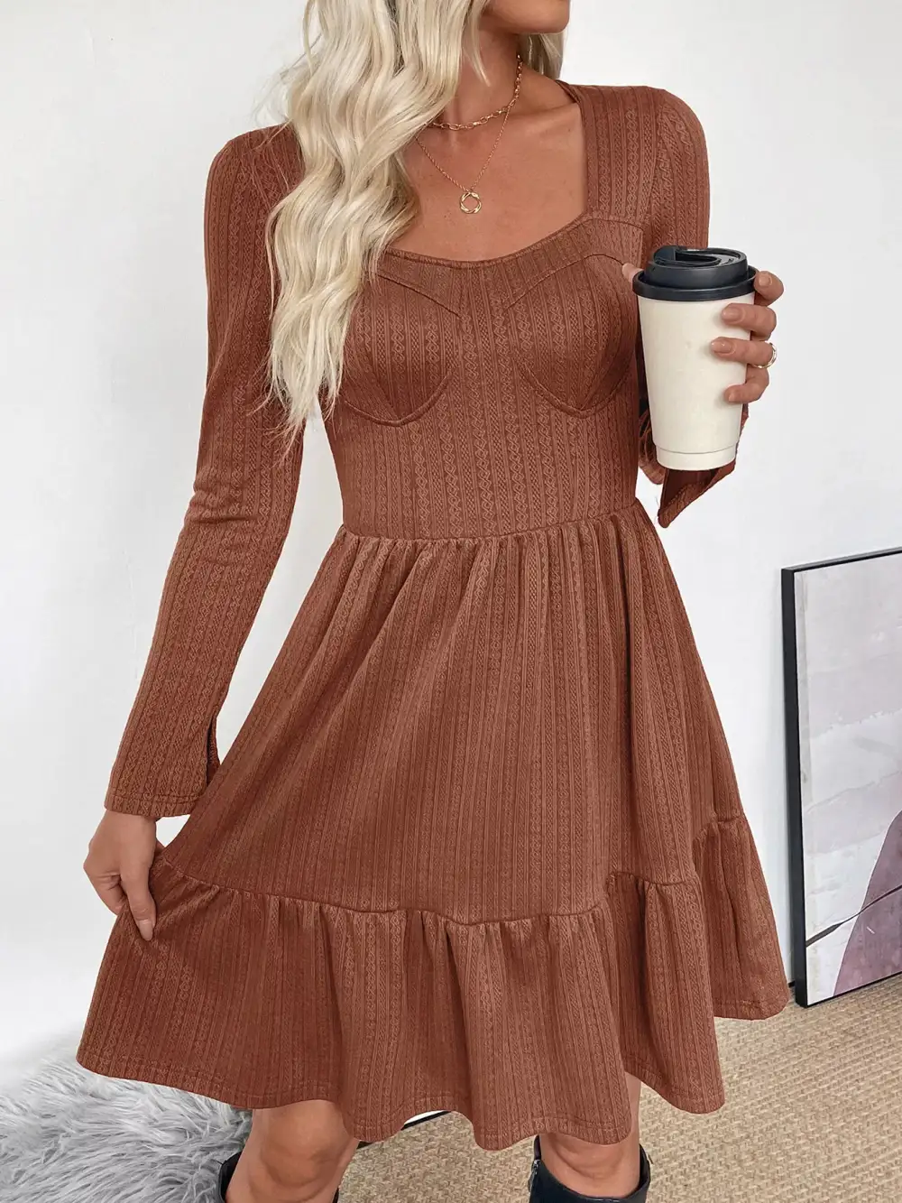 Knit Ruffle Long Sleeve Sweater Dress