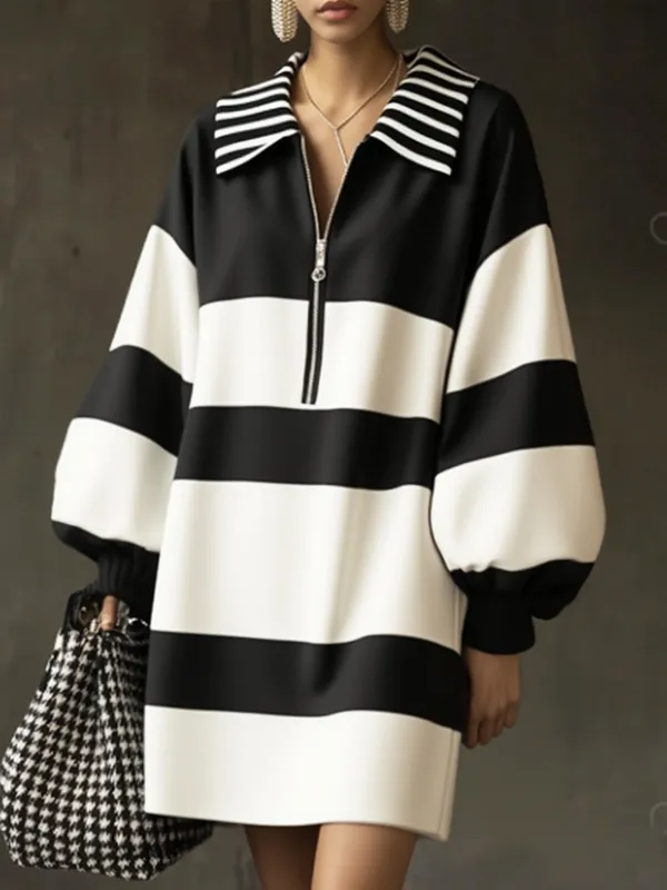 Long Sleeve Puff Sleeve Contrast Color Striped Zipper Lapel Mini Dress