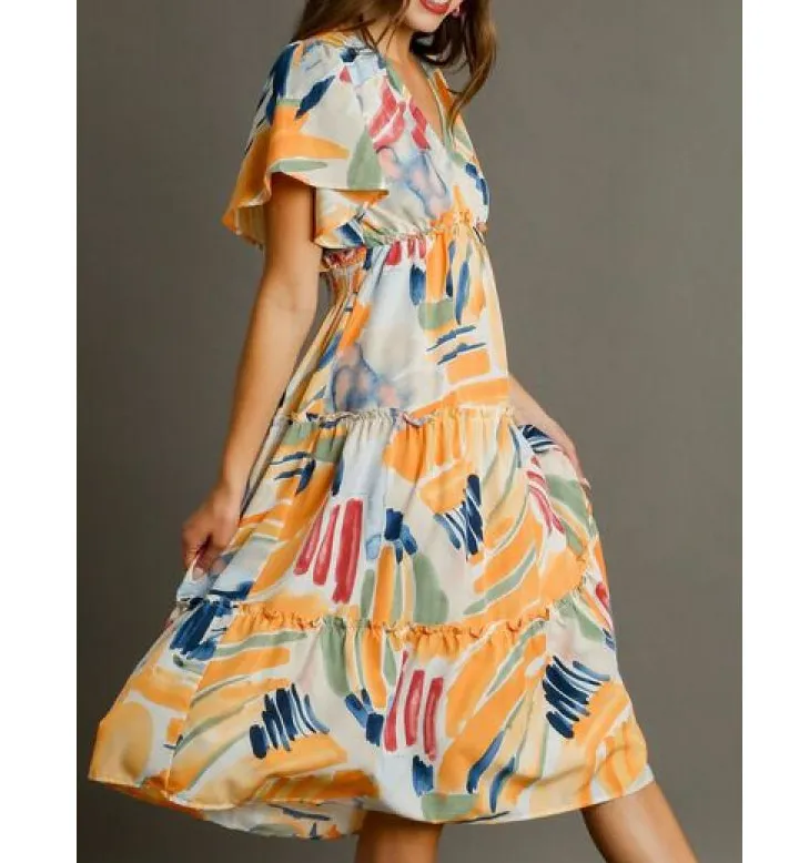 Full Size Abstract Flutter Sleeve Frill Tiered Midi Dress Plus Size