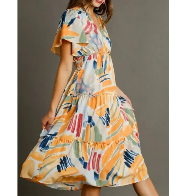 Full Size Abstract Flutter Sleeve Frill Tiered Midi Dress Plus Size