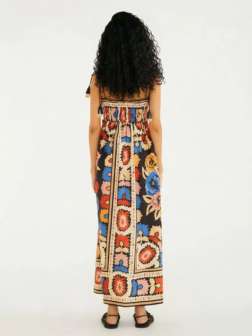 Bohemian Floral Print Smocked Maxi Dress