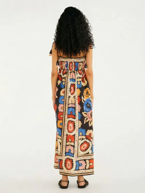Bohemian Floral Print Smocked Maxi Dress