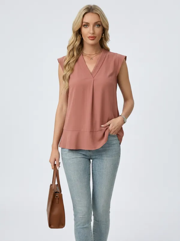 V-Neck Pleated Sleeveless Blouse