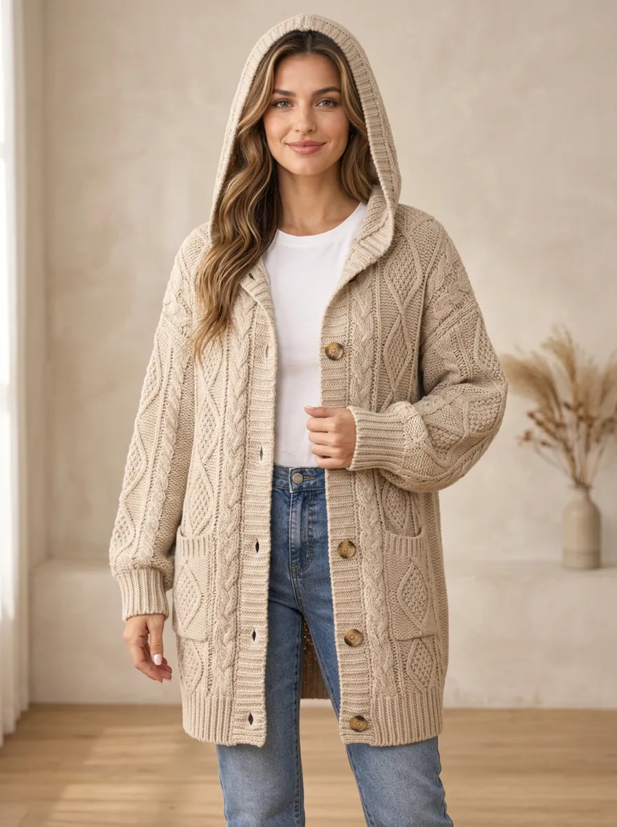 Women's Cable-Knit Button-Front Patch-Pocket Relaxed Hooded Cardigan