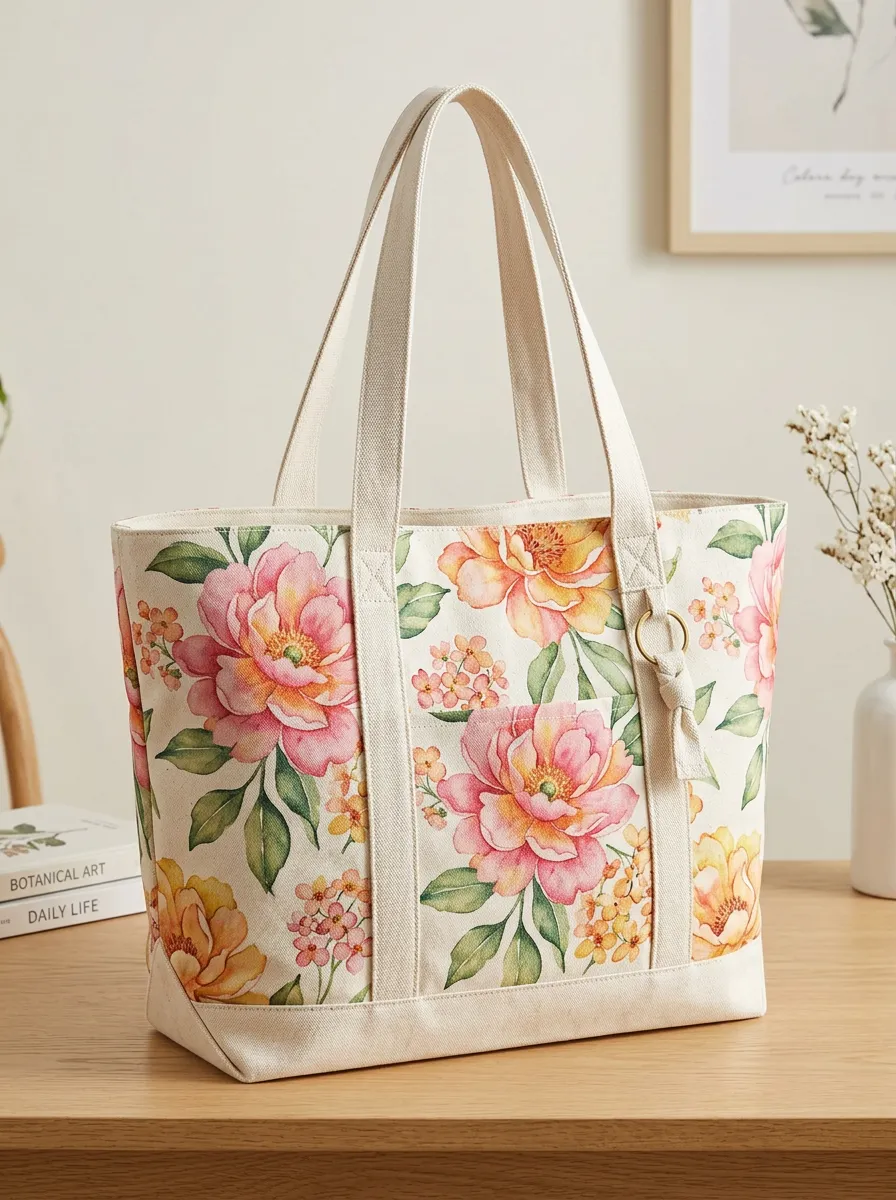 Women's Floral Peony Watercolor Canvas Print Shoulder Tote Bag