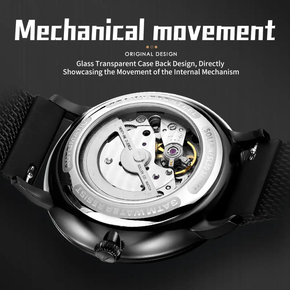 Sollen SL309 Men's Minimalist Automatic Mechanical Watch - 42mm Stainless Steel Case Slim 9.9mm Small Seconds Date Window Mesh Bracelet Wristwatch