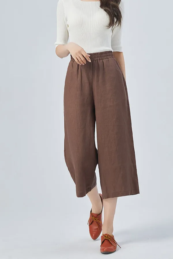 Classic Linen Cotton Wide Leg Cropped High Waist Pocketed Trousers