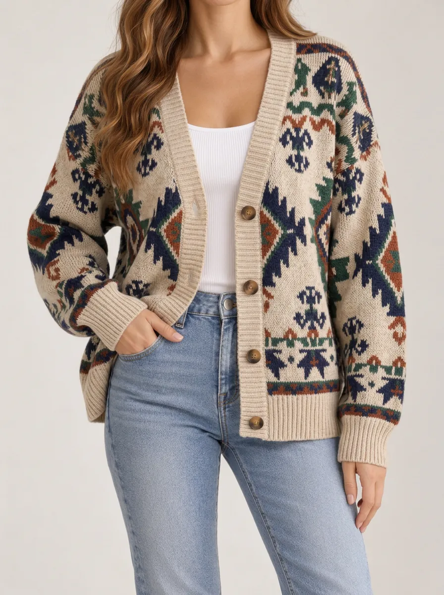 V Neck Button Front Women's Relaxed Knit Cardigan