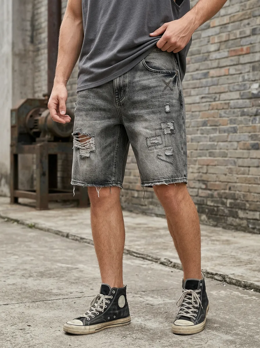 Men's Five Pocket Patchwork Denim Shorts