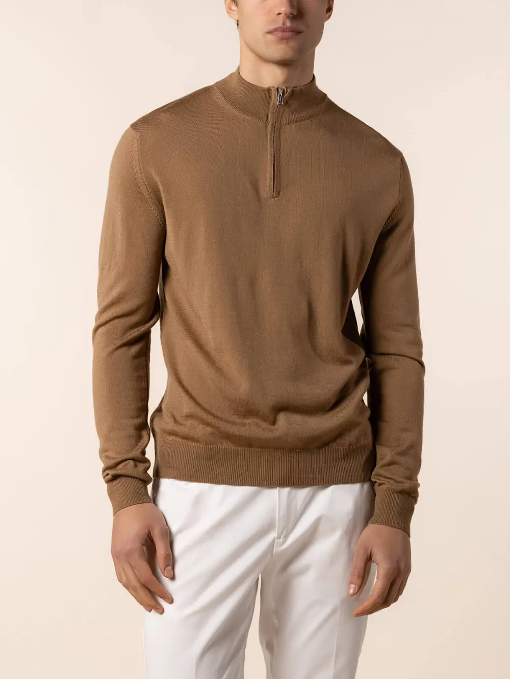 Cashmere Merino Blend Zip Front Funnel Neck Knit Construction Knit Zip Neck Sweater