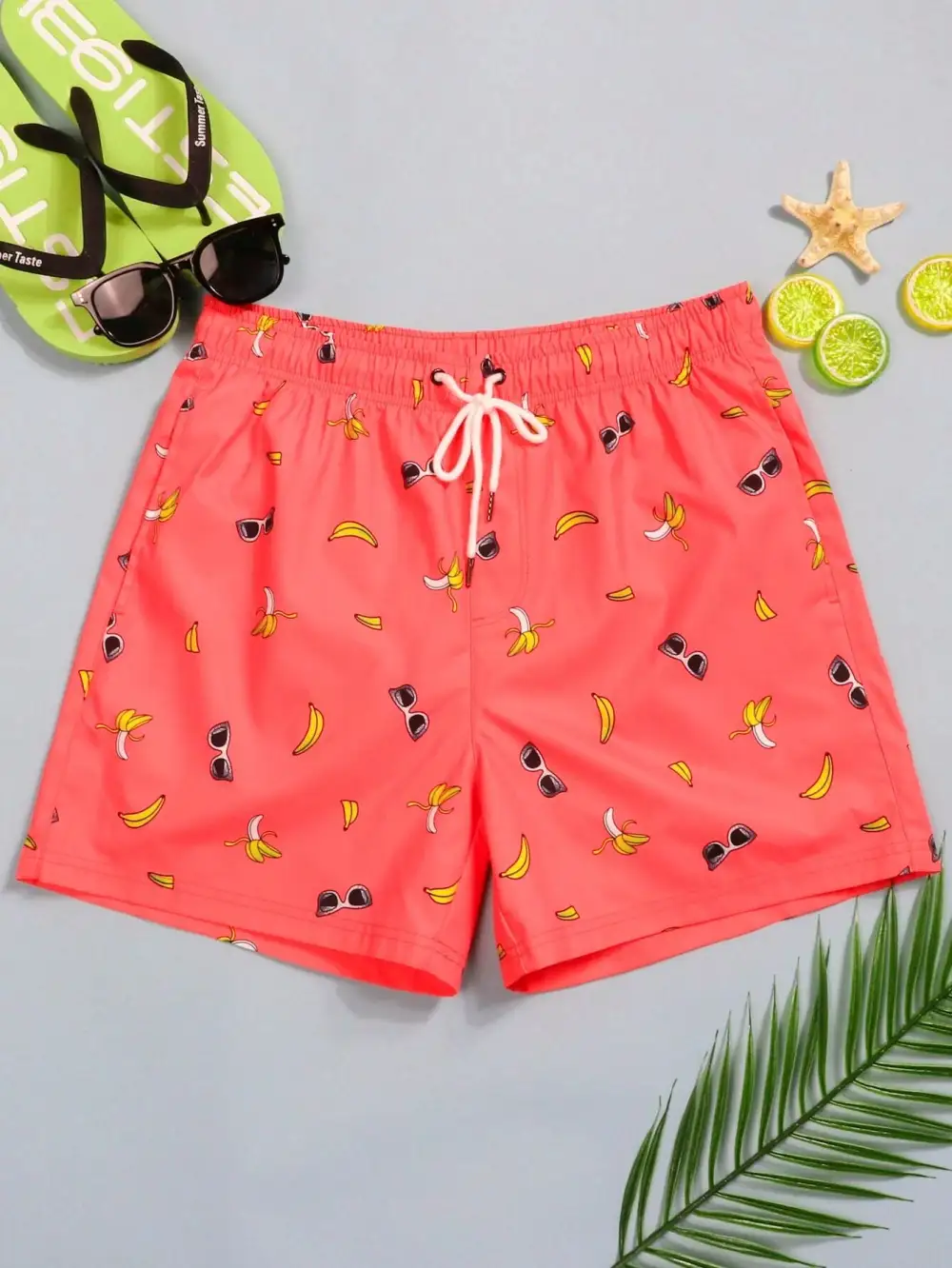 Men's Coastal Banana Print Drawstring Swim Trunks