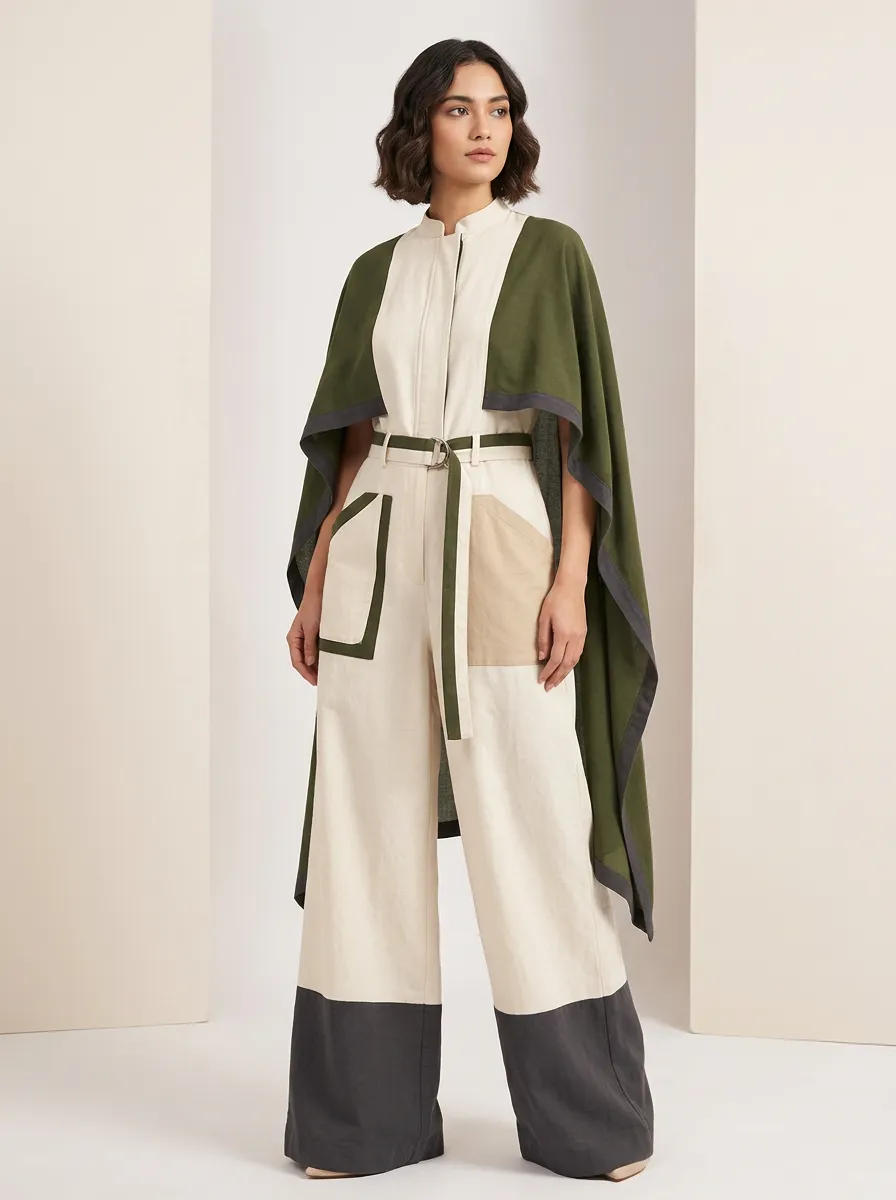 Women's Minimalist Olive Green Beige Colorblock Cape Jumpsuit