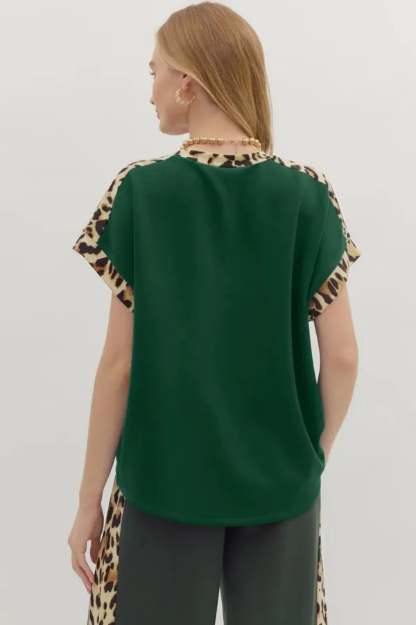 Sea Green Leopard Trim Round Tee