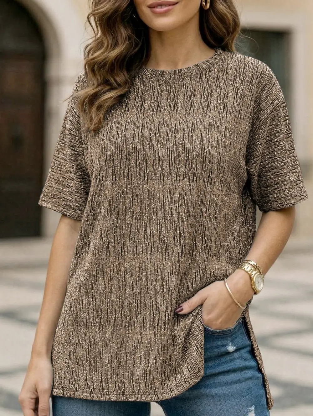 Shiny Thread Crew Neck Tee