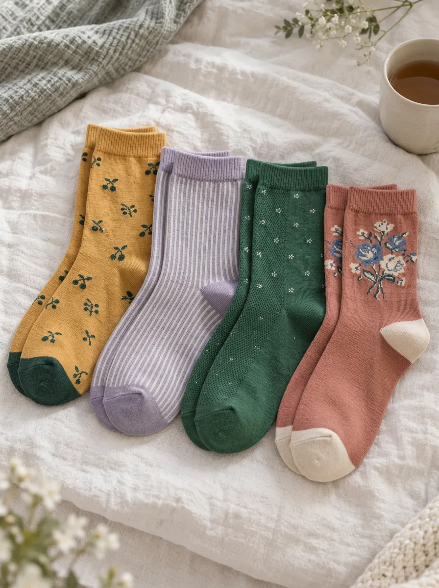 Women's Vintage Floral Striped Cherry Printed 4-Pack Socks