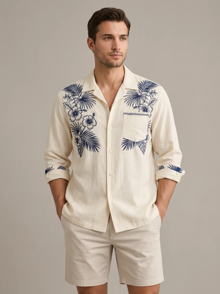 Men's Hibiscus Palm Palm Leaf Printed Refined Shirt