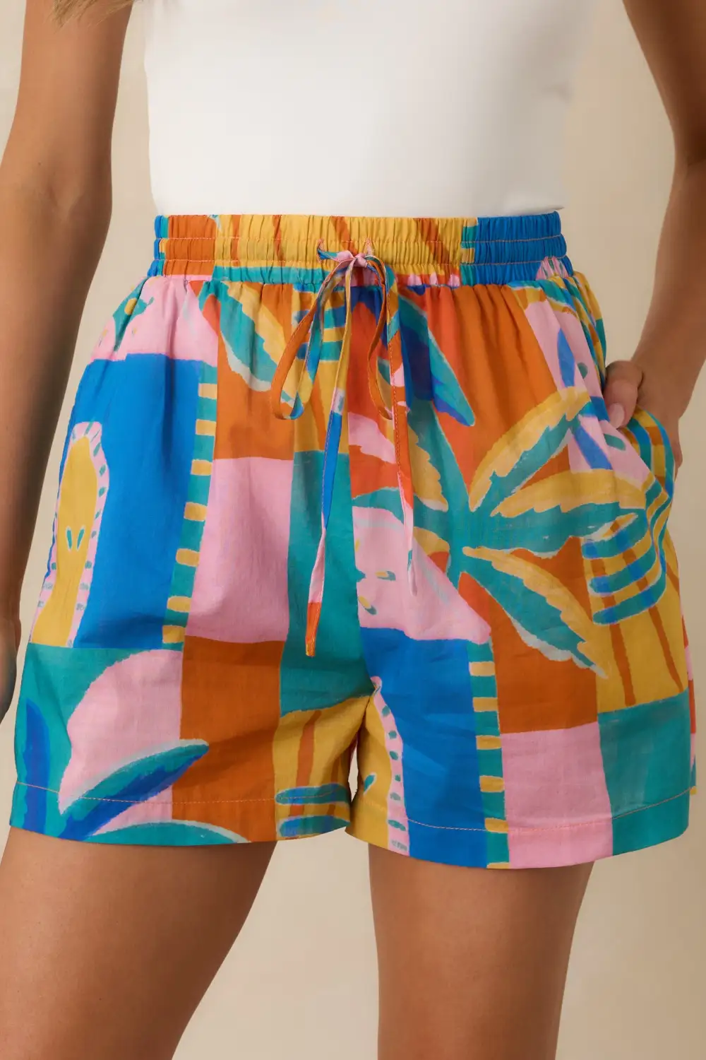 Relaxed-Fit Drawstring Cotton Tropical Mosaic Shorts