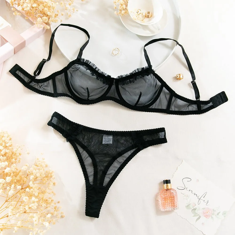 Pleated Mesh Lace Underwire Bra Set