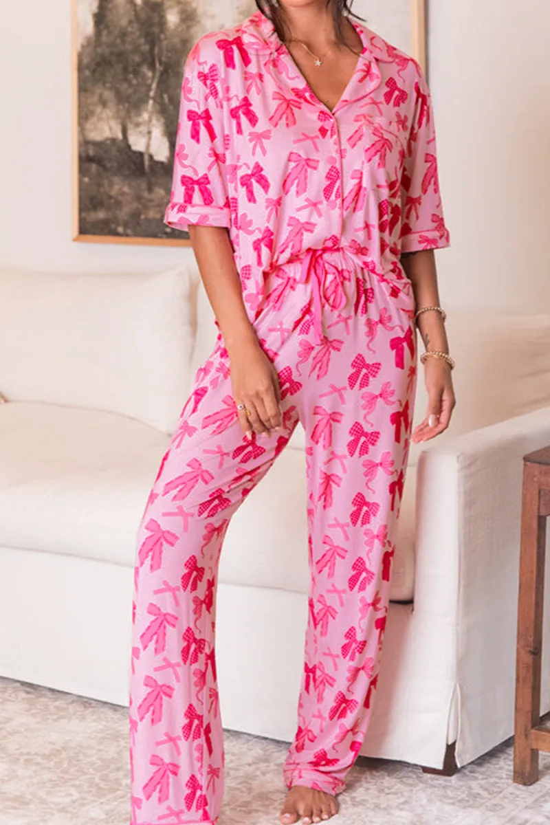 Bow Knot Print Lapel Collar Short Sleeve and Pants Set