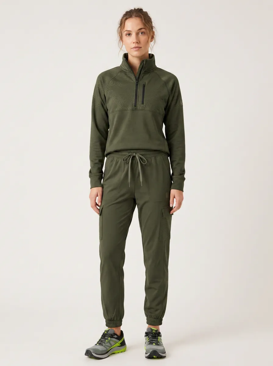 Women's Activewear Olive Topographic Printed Quarter-Zip Jogger Set