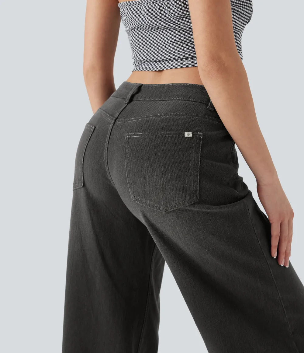 Asymmetric Low Rise Zipper Pockets Baggy Wide Leg Washed Casual Jeans
