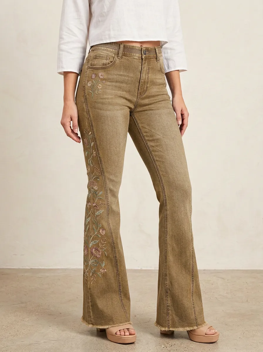 Women's Blue Floral Embroidery Raw Hem Flare Jeans