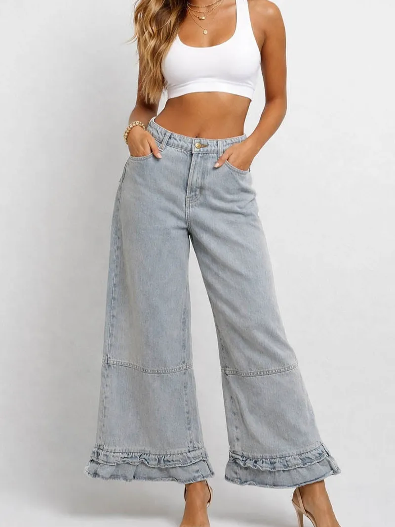 Ruffle Hem Jeans Elastic Waist Wide Leg Denim Pants