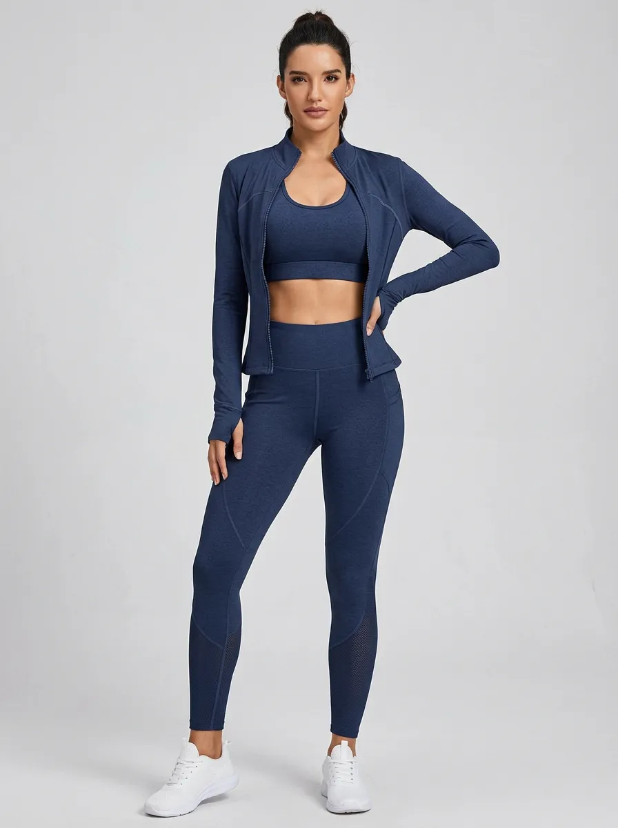 Performance-Inspired Mesh Detail Silhouette Women's Three Piece Activewear Set