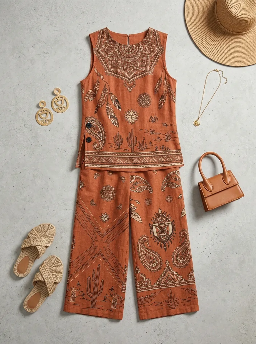 Women's Boho Desert Cactus Paisley Printed Sleeveless Set