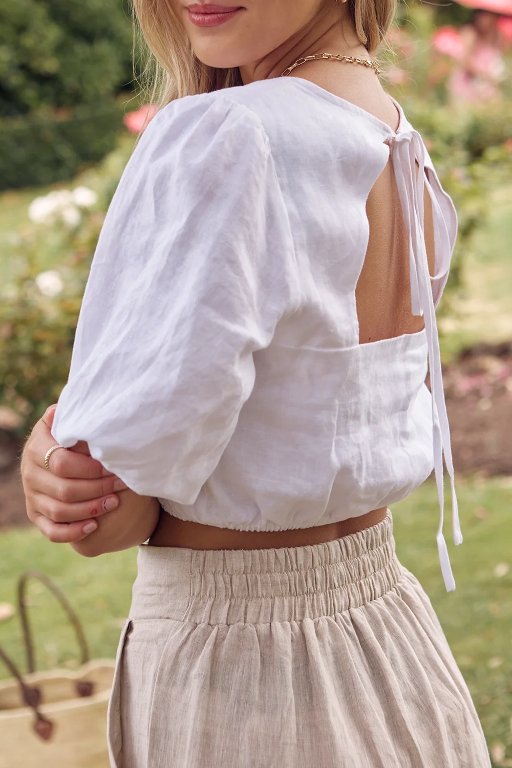 White Linen Cut - Out Crop Top