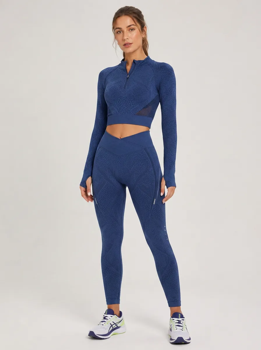 Women's Navy Blue Quarter-Zip Long Sleeve Crop Top and Leggings Set