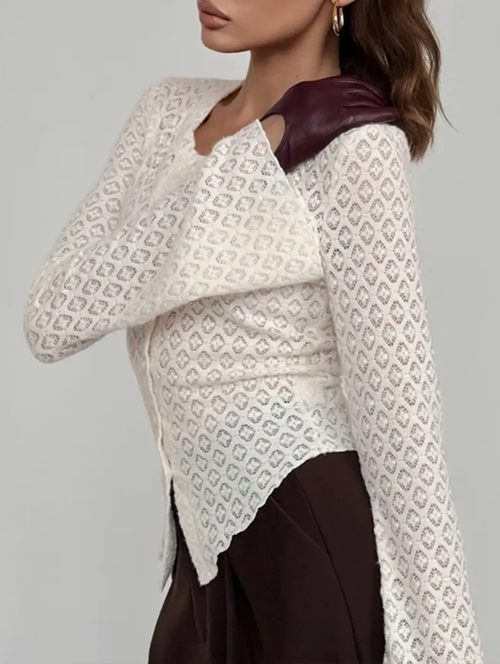 Crew Neck Lace Knit Cardigan Flare Sleeve Top