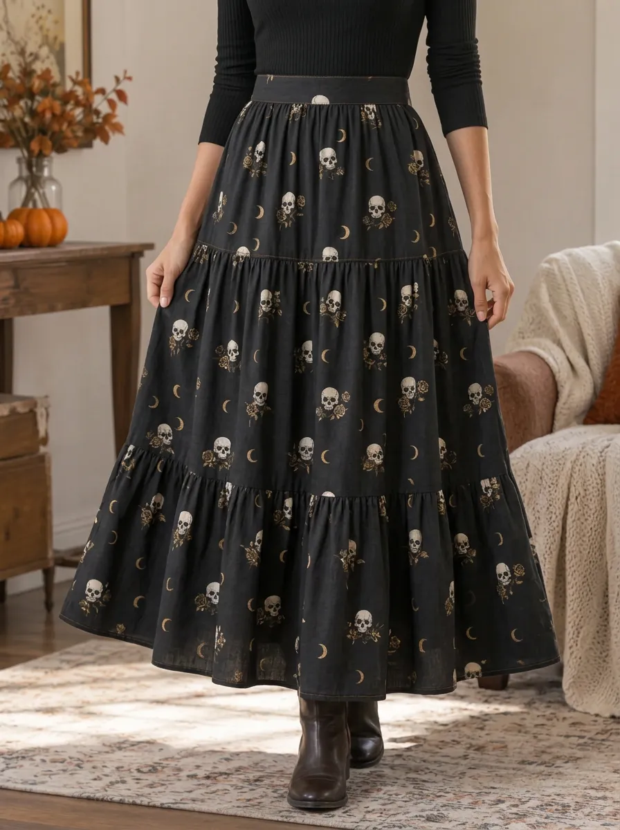 Women's Halloween Gothic Skull and Moon Printed Tiered Maxi Skirt