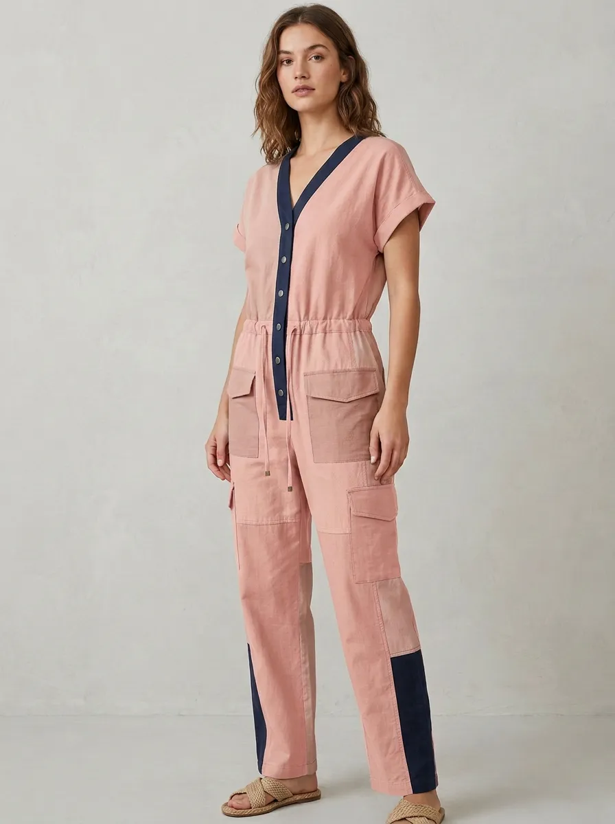 Women's Utility Patchwork Colorblock Button-Front Jumpsuit