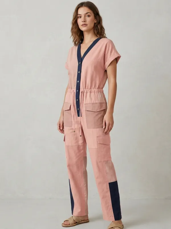 Women's Utility Patchwork Colorblock Button-Front Jumpsuit