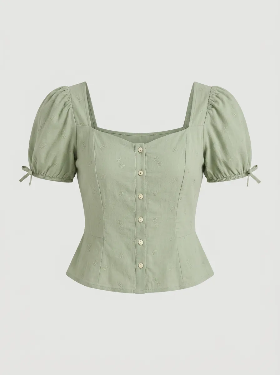 Women's Sage Green Floral Embroidered Puff Sleeve Button-Up Top