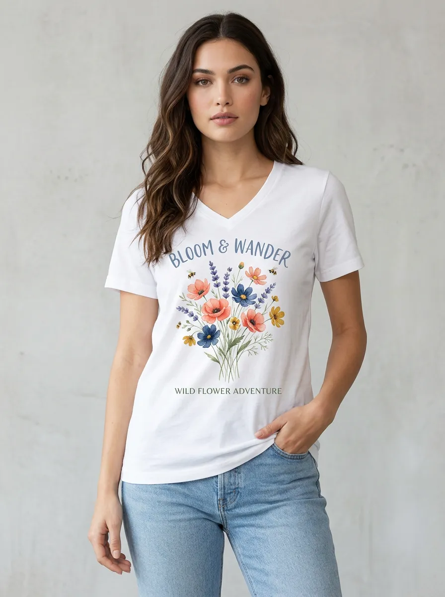 Women's Nature-Inspired Wildflower Bloom & Wander Printed V-neck T-Shirt