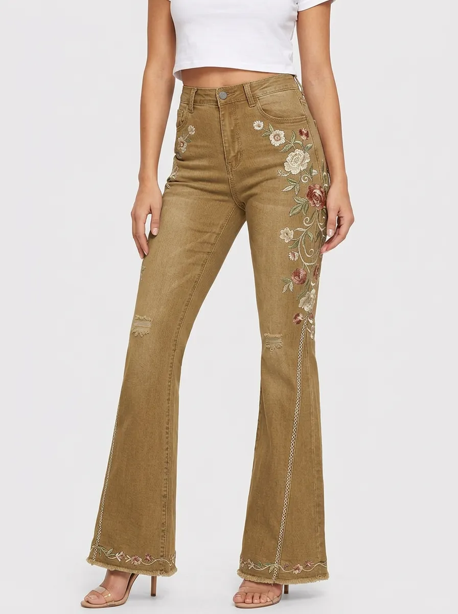 Women's Heritage Floral Medium Wash Floral Embroidery Flare Jeans