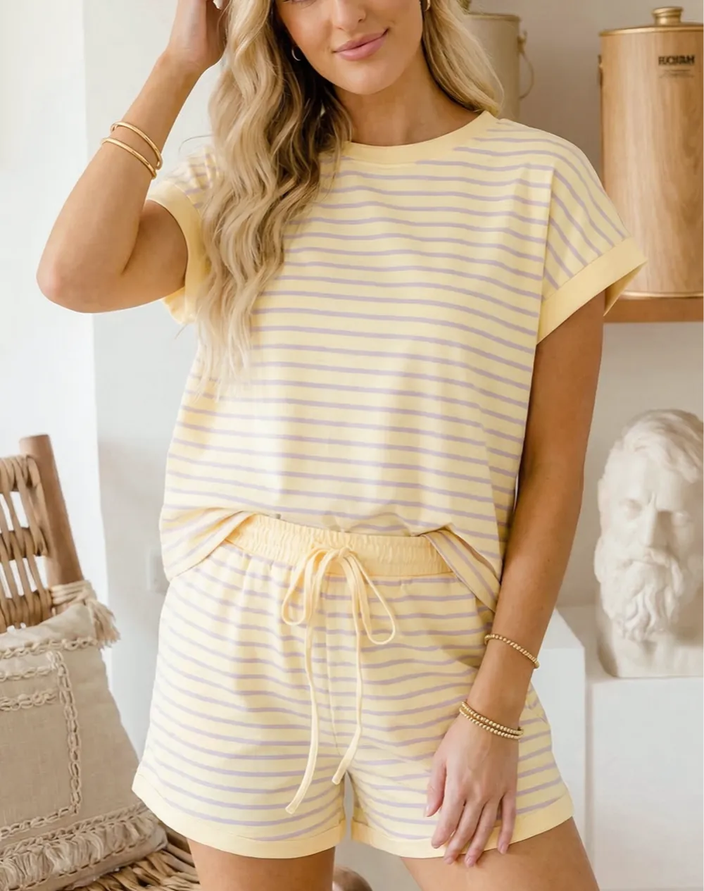 High Waist Striped Drawstring Loungewear