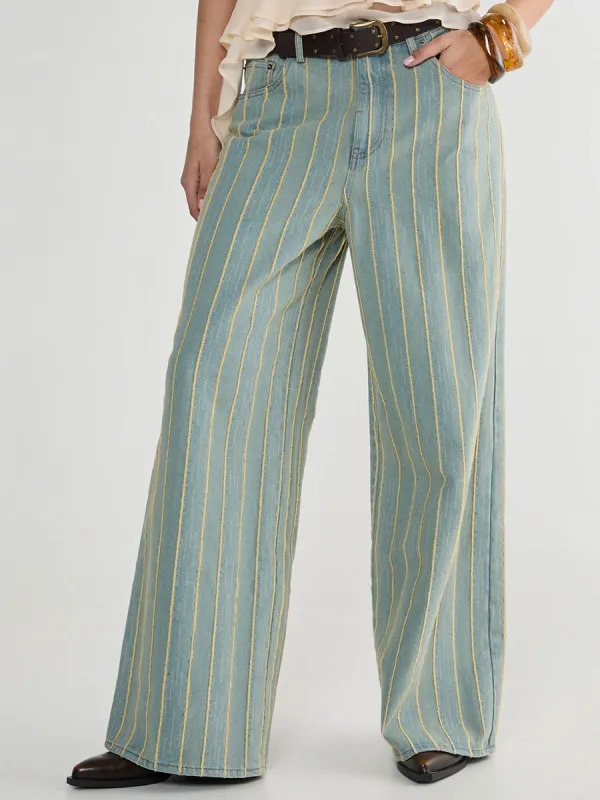 Women's Vintage-Style Stripe Wide-Leg Denim Pants