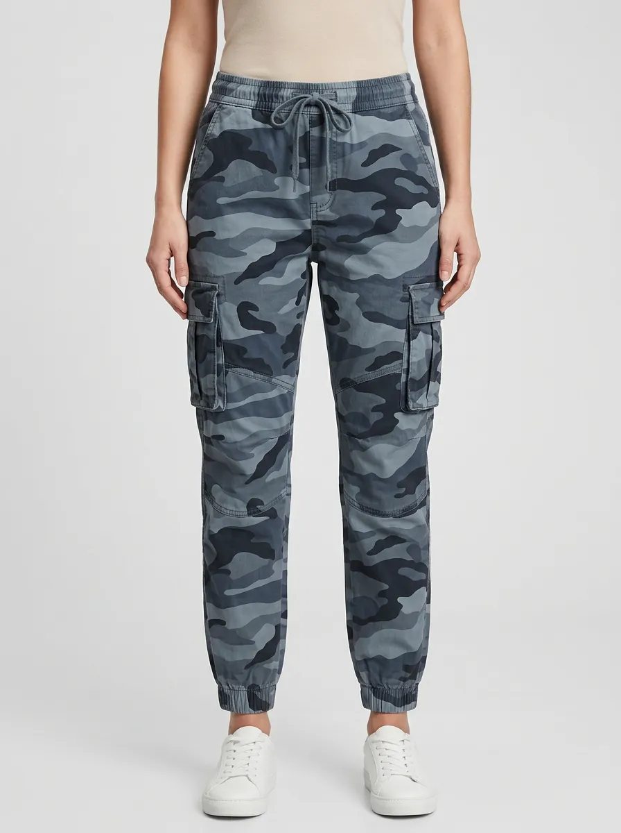 Women's Camouflage Mid-Rise Elastic-Waist Drawstring Flap-Pocket Cargo Joggers